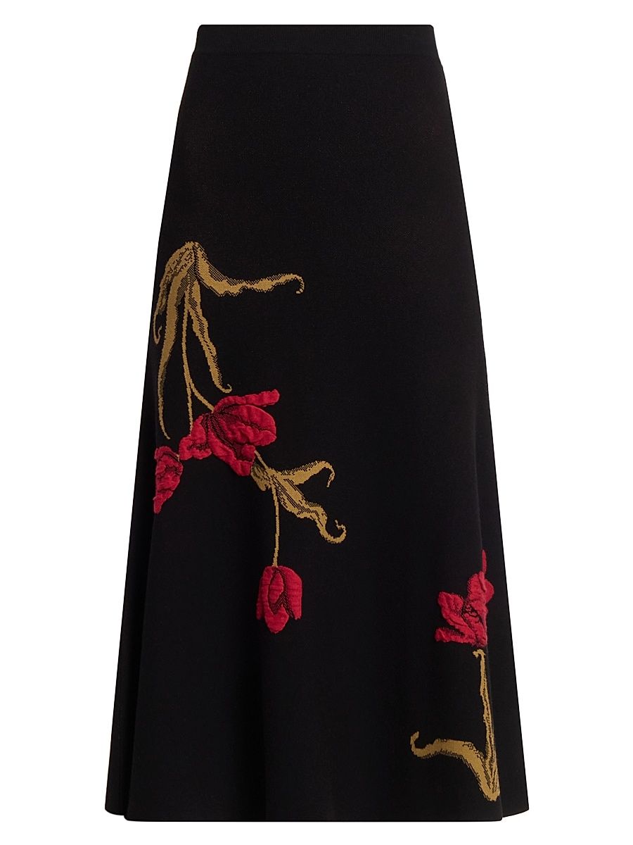 Women's Flower Knit A-Line Midi-Skirt - Black - Size Large