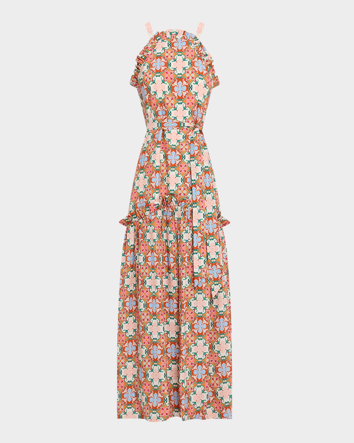 Keenan Tile-Print Ruffle Halter Maxi Dress