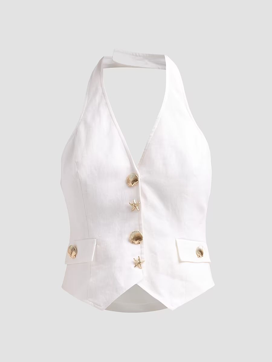 Women's Prescott Halterneck Linen Top - White - Size 14