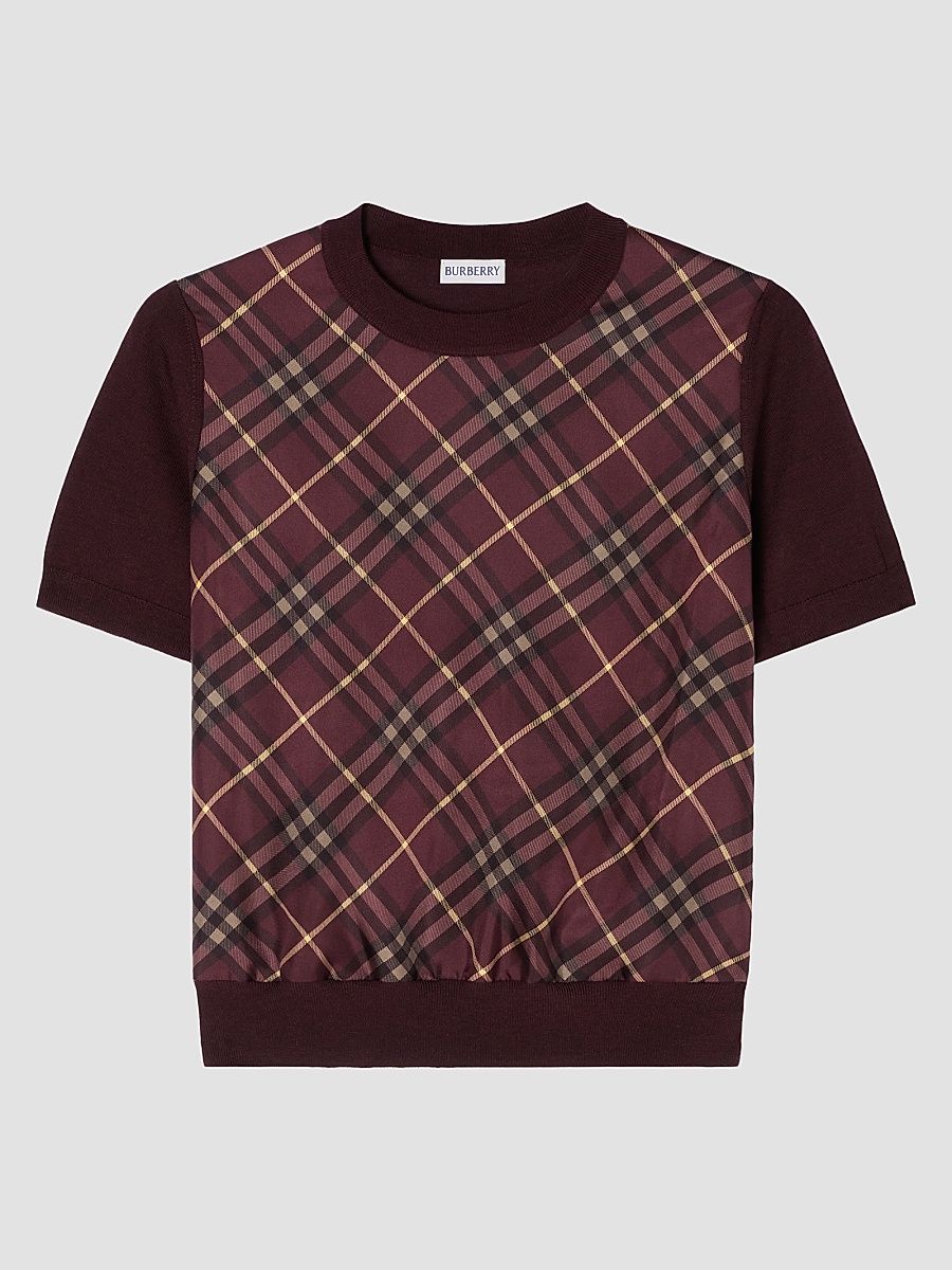 Women's Sandrina Check Panel Wool-Silk T-Shirt - Vineyard Red - Size XXS