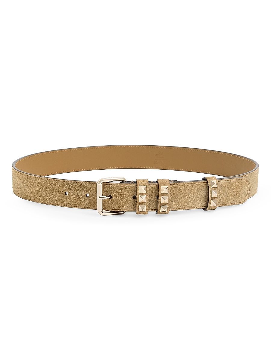 Women's Rockstud Suede Belt, 30MM - Havana Beige - Size Large