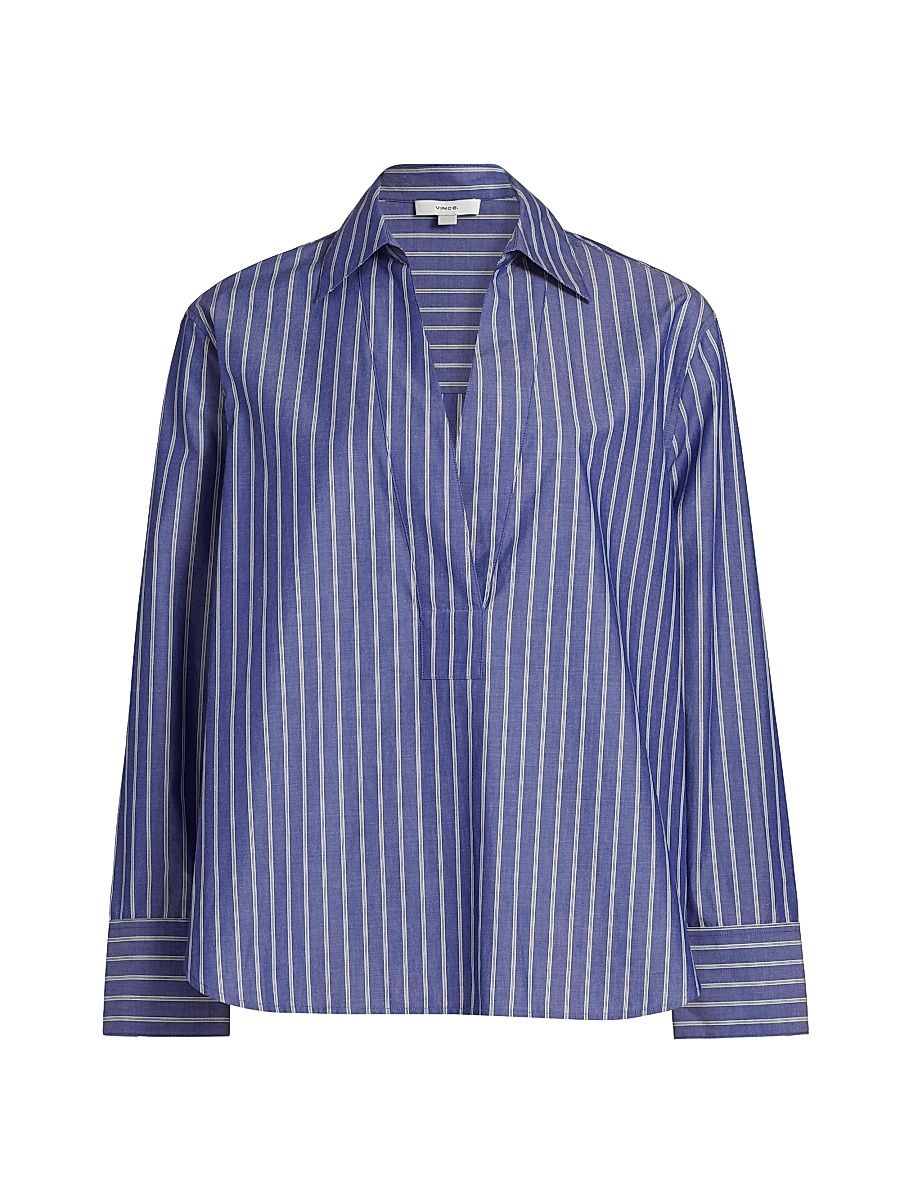 Women's Relaxed Striped Cotton Long-Sleeve Shirt - Pale Twilight - Size Small