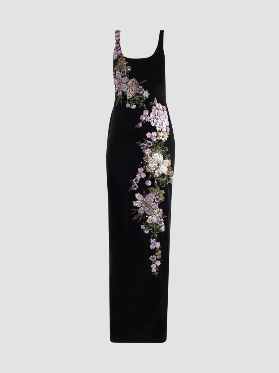 Teri Jon by Rickie Freeman Women's Sequined Floral Velvet Gown - Black Multi - Size 18
