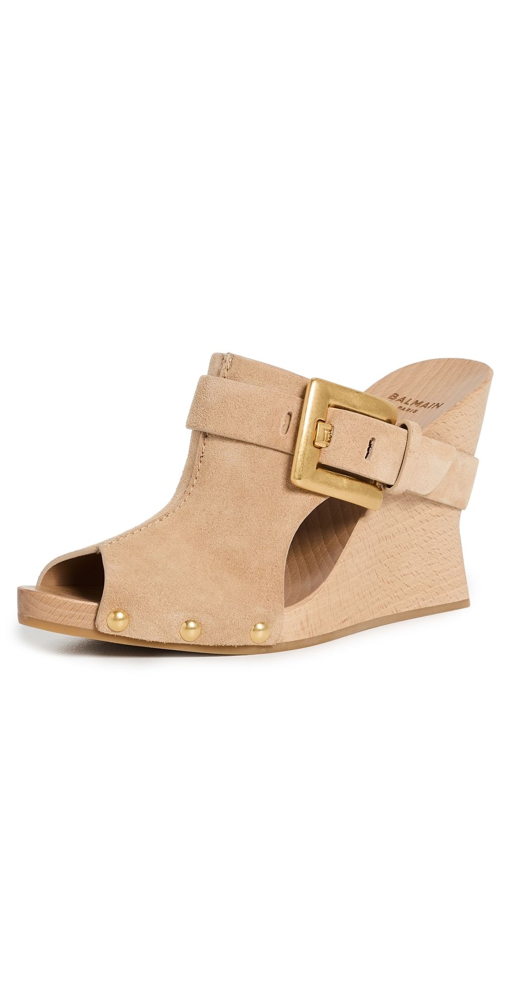 Balmain Anthem Suede Leather Clog Wedges Biscuit 37
