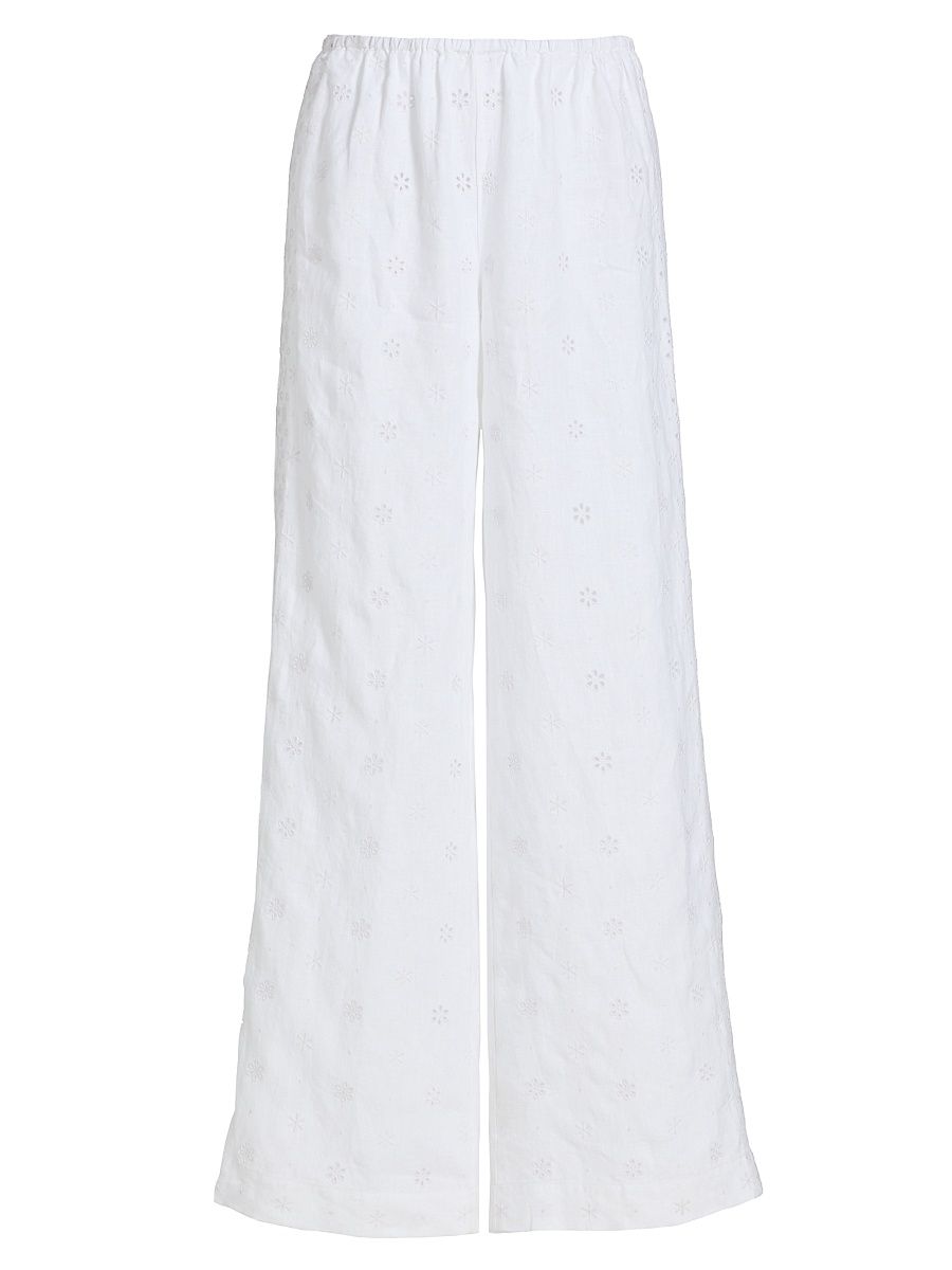 Women's Cinna Eyelet Linen Wide-Leg Pants - Optic White - Size Large