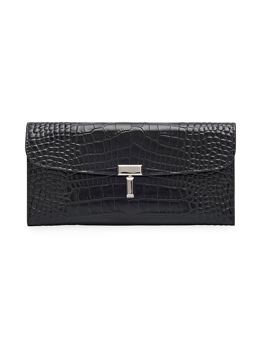 Women's Croc-Embossed Leather Wallet - Black
