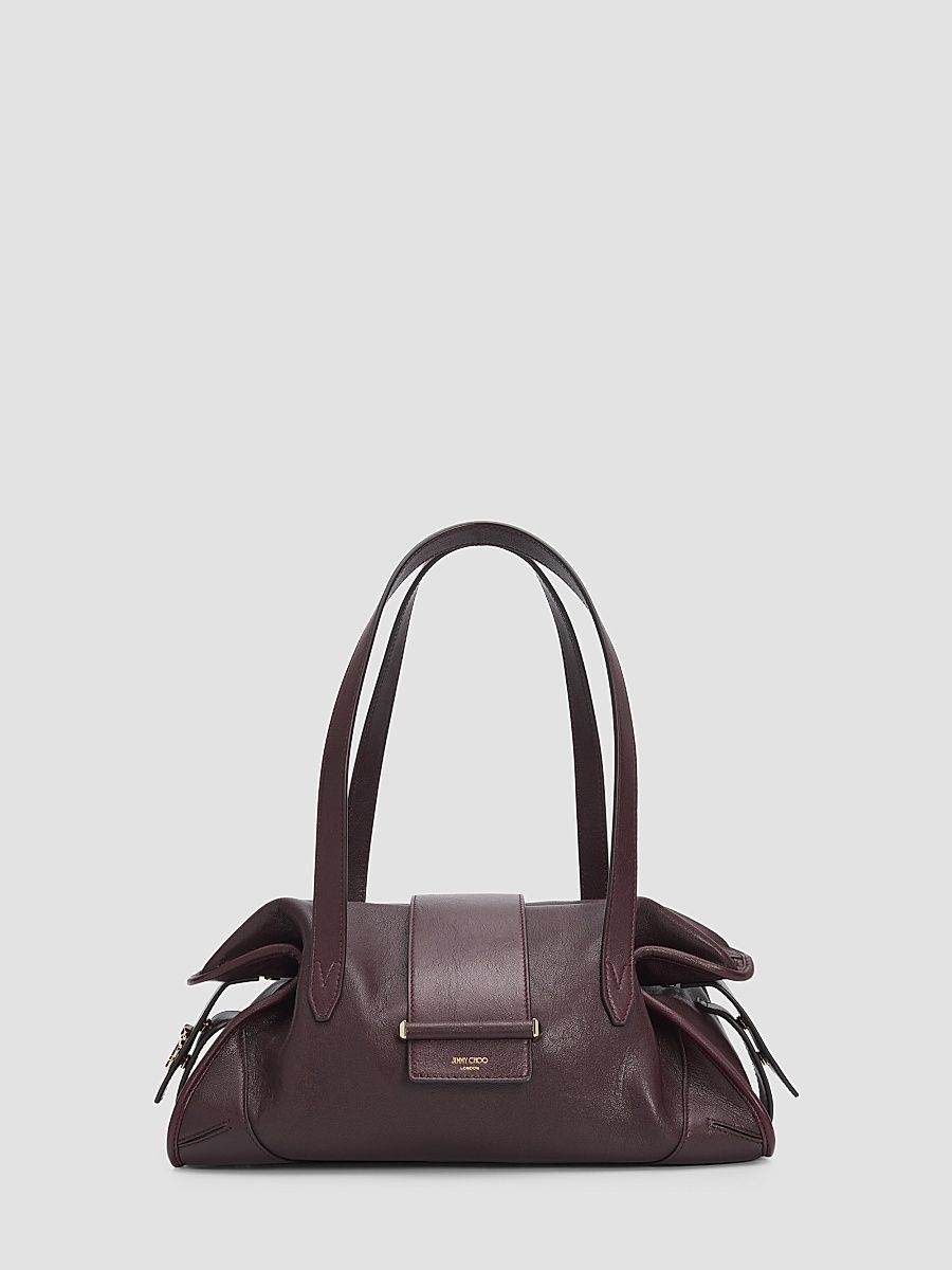 Women's Bar Biker Leather Shoulder Bag - Deep Merlot Shiny Gold