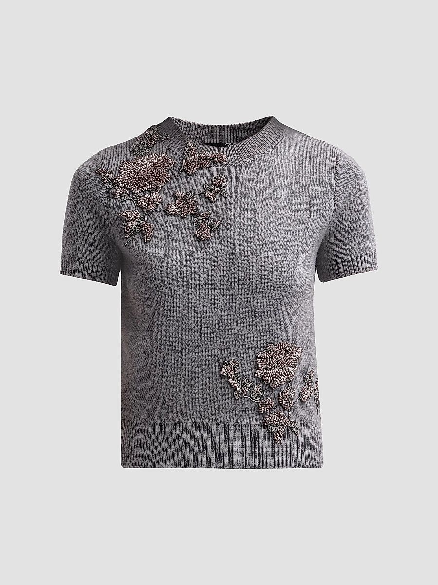 Oscar de la Renta Women's Beaded Floral Wool Sweater - Melange Grey - Size XL
