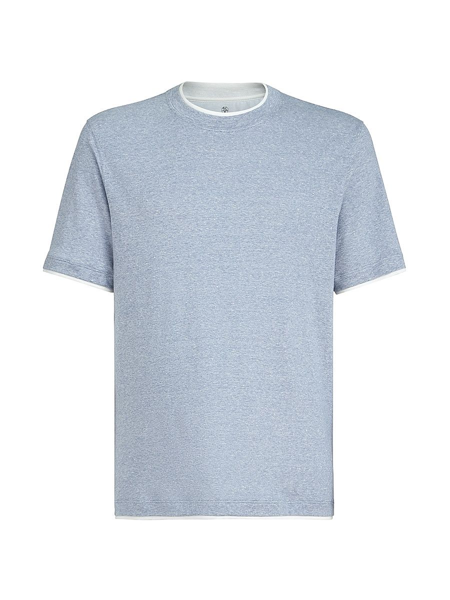 Men's Linen and Cotton Jersey Crew Neck T-Shirt with Faux Layering - Slate - Size Medium