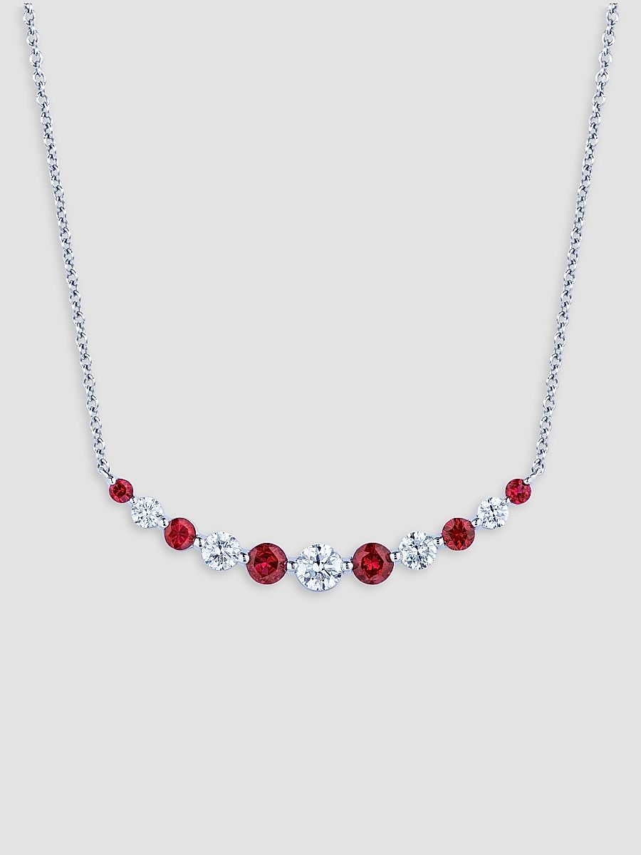 Women's 18K White Gold, Ruby & 0.52 TCW Diamond Curved Bar Pendant Necklace - White Gold