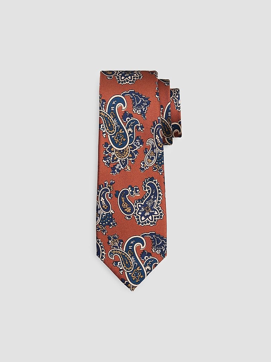 Men's Paisley Silk Tie - Orange Navy