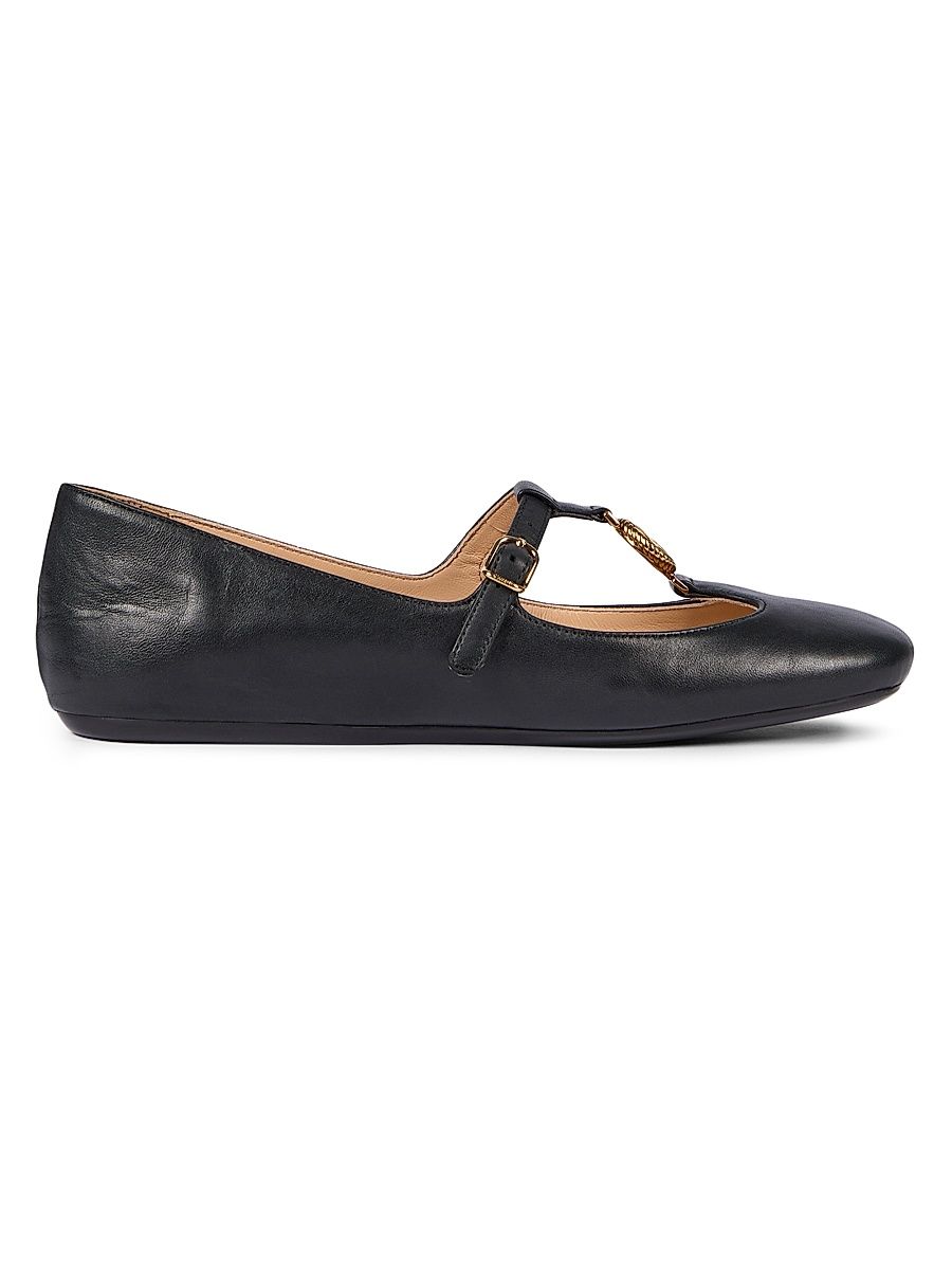 Women's Leonore Leather T-Strap Ballet Flats - Black - Size 10