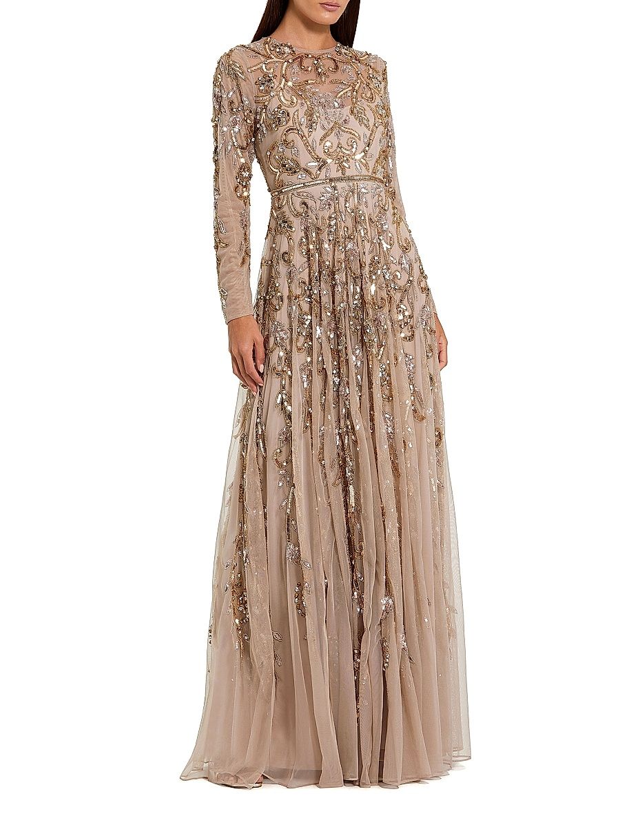 Women's Sequin & Bead-Embellished Chiffon Gown - Mocha Gold - Size 20