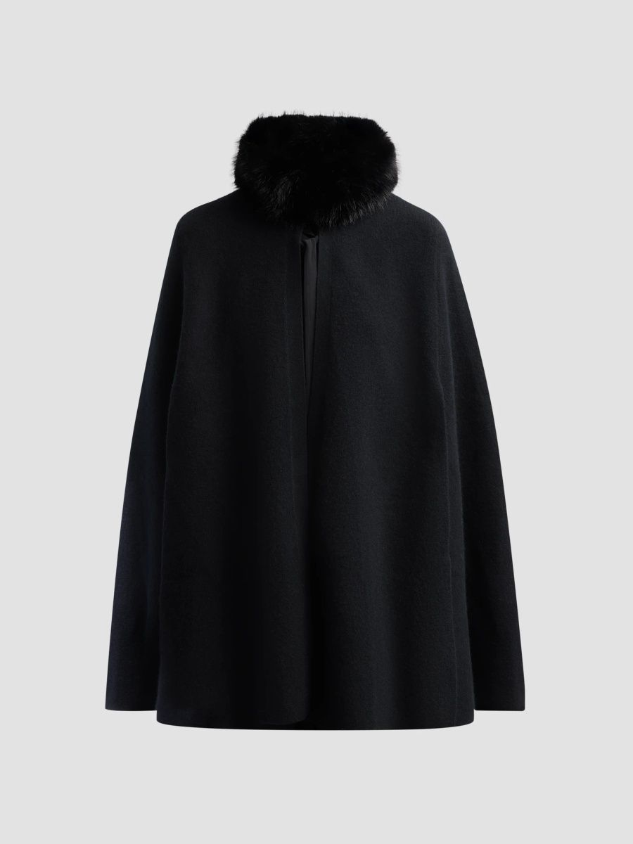 Sofia Cashmere Women's Faux-Fur-Trimmed Wool-Cashmere Poncho - Black