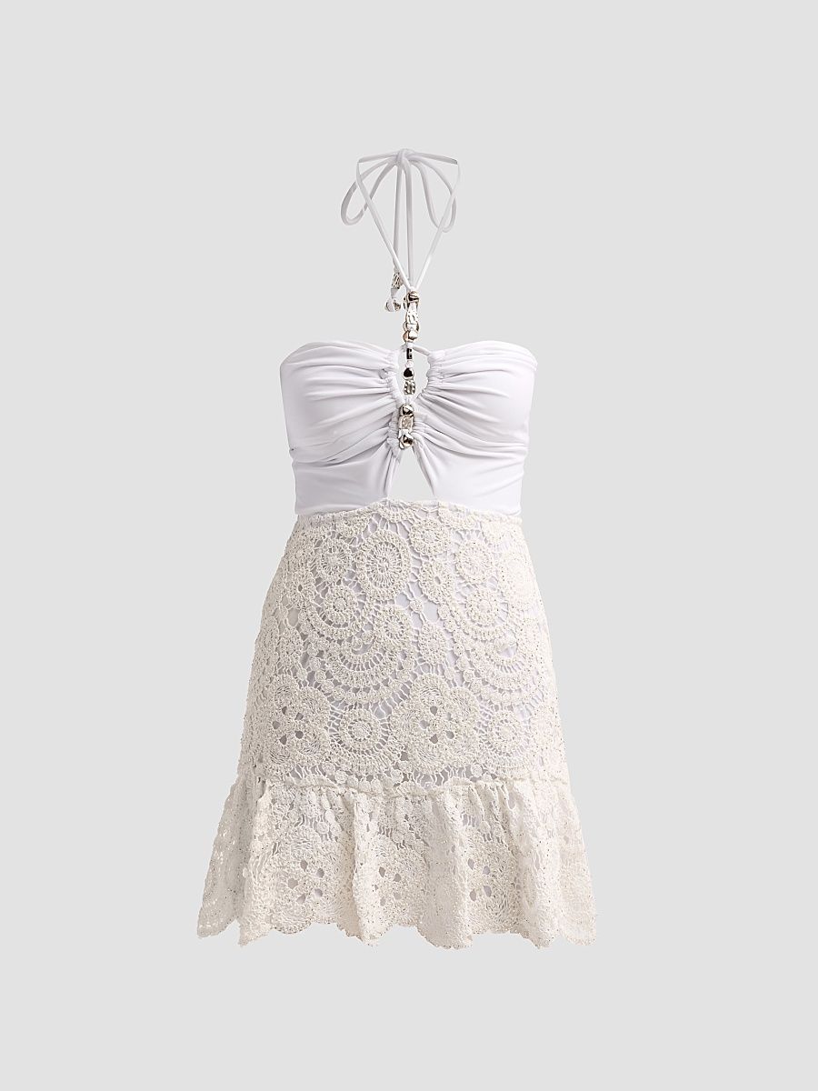 Women's Gal Embroidered Crochet Mini Dress - White - Size Large