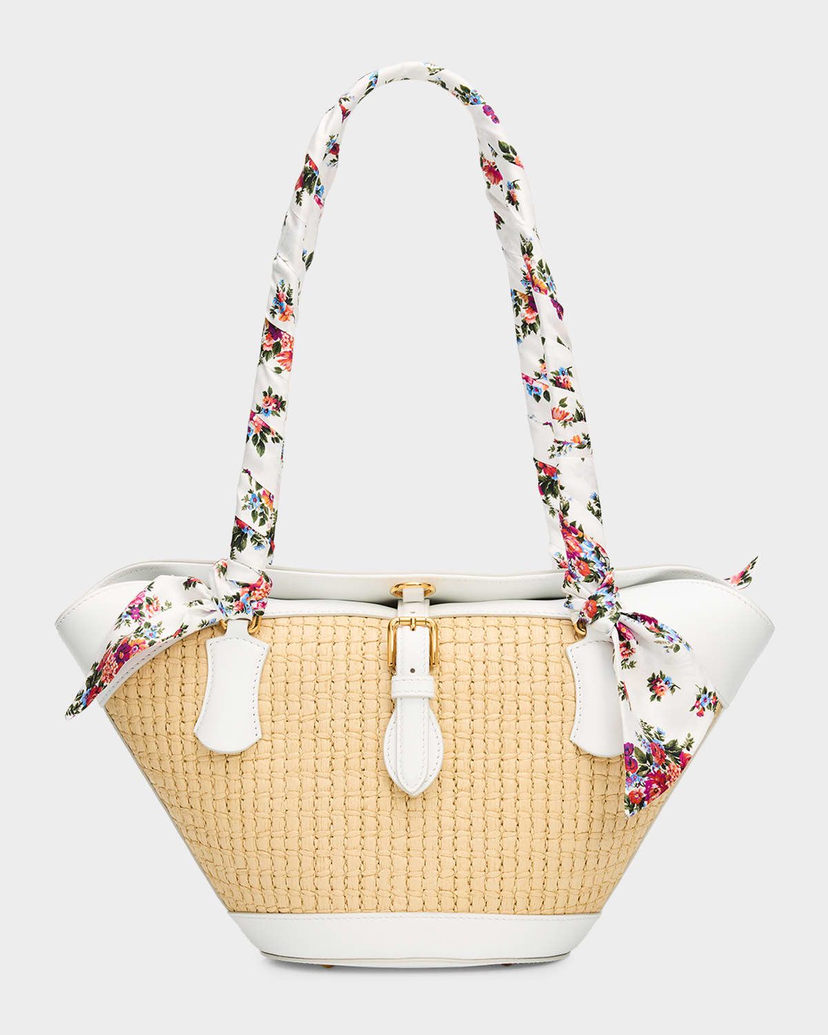 Floral & Leather-Trim Woven Shoulder Bag