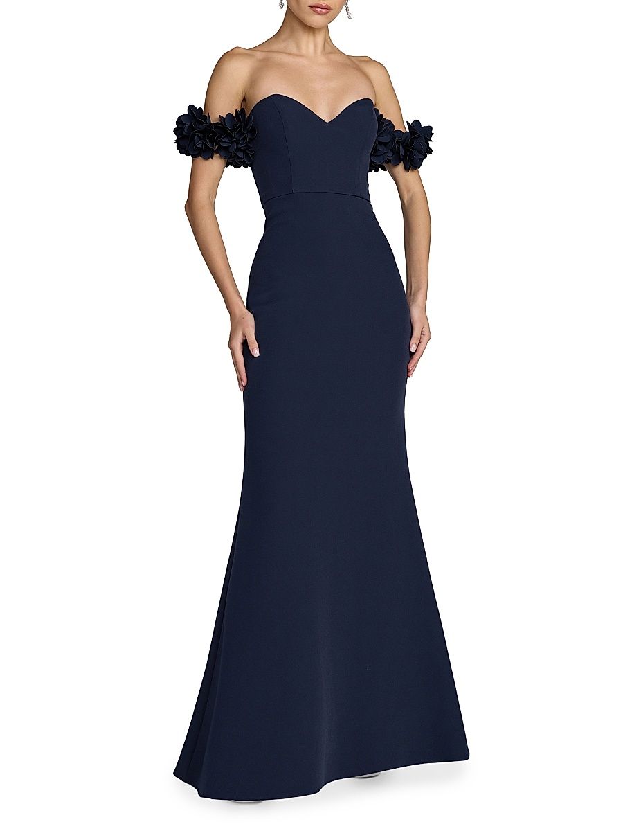 Women's Petite 3D Floral Crepe Off-the-Shoulder Mermaid Gown - Midnight - Size 12