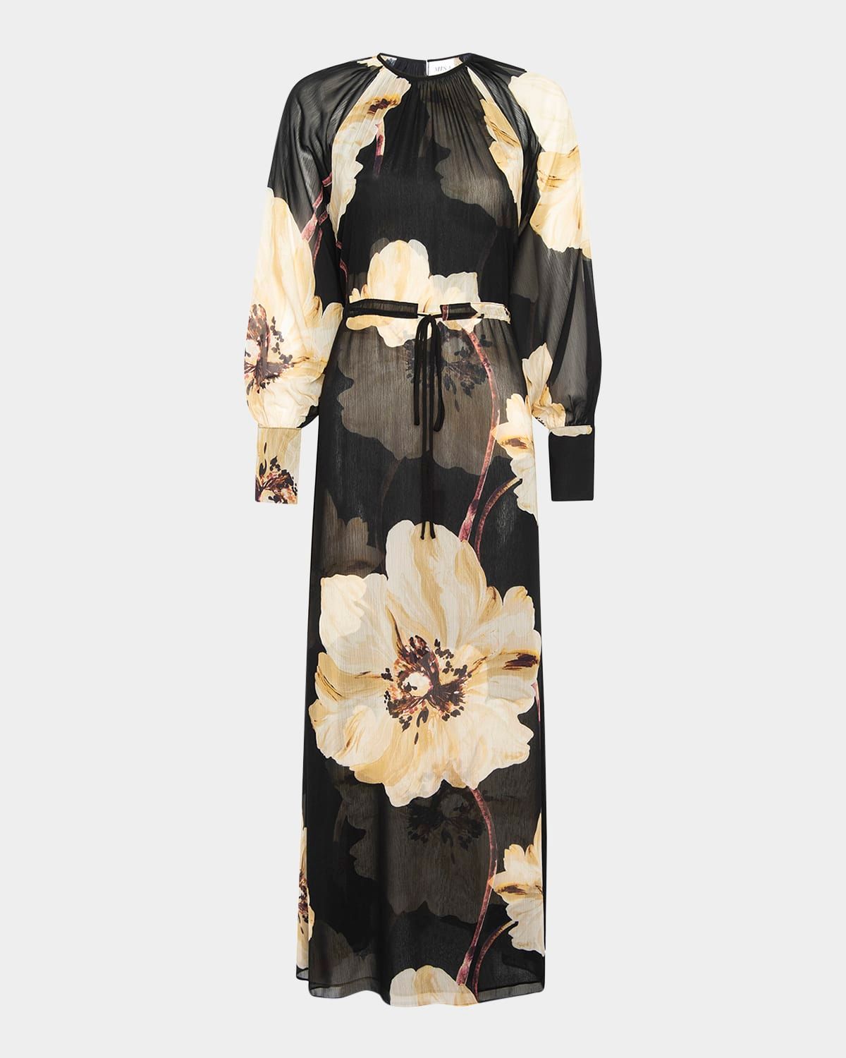 Perdita Blouson-Sleeve Chiffon Midi Dress