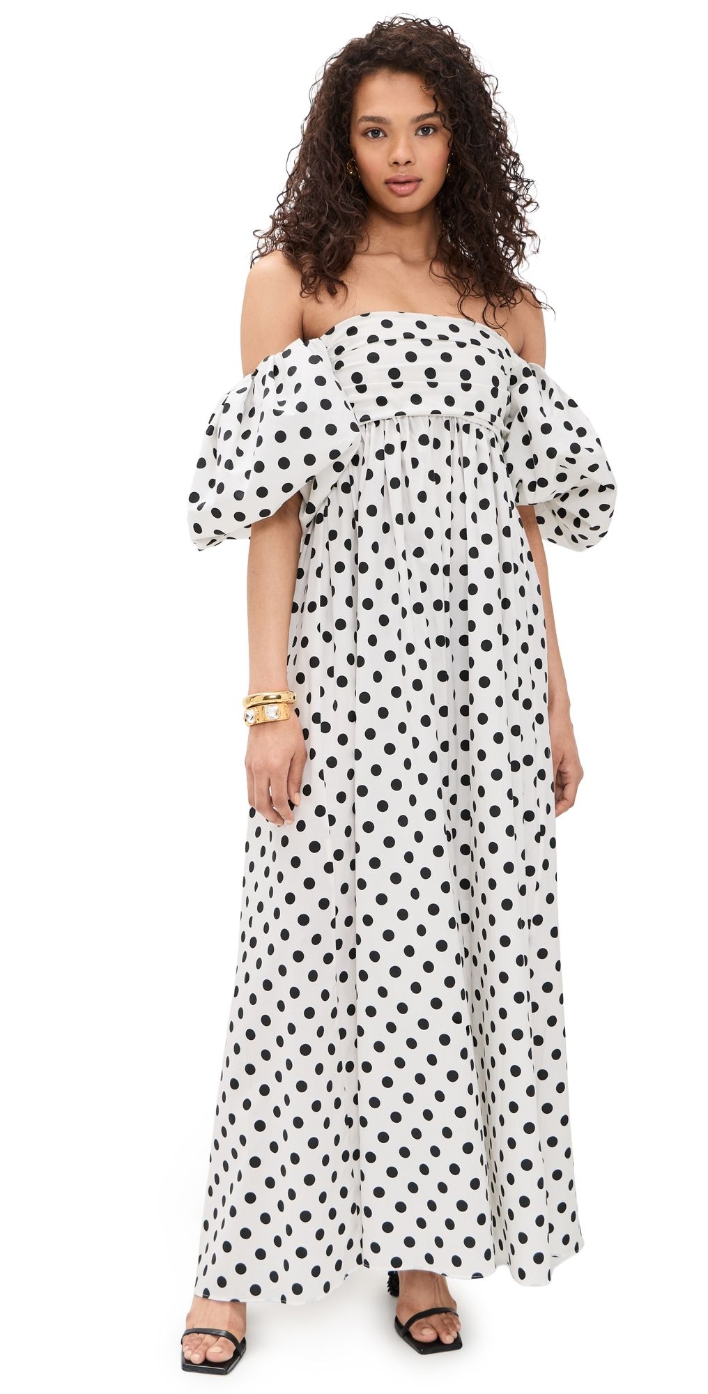 CAROLINE CONSTAS Emilia Ruched Empire Maxi Dress Ivory Black Polka Dot XS