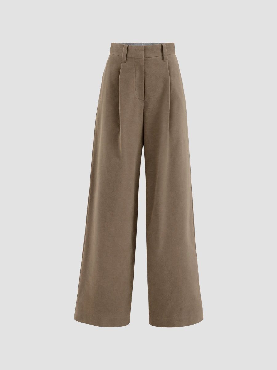 Brunello Cucinelli Women's Stretch Cotton Moleskin Loose Tailored Trousers with Monili - Brown - Size 16