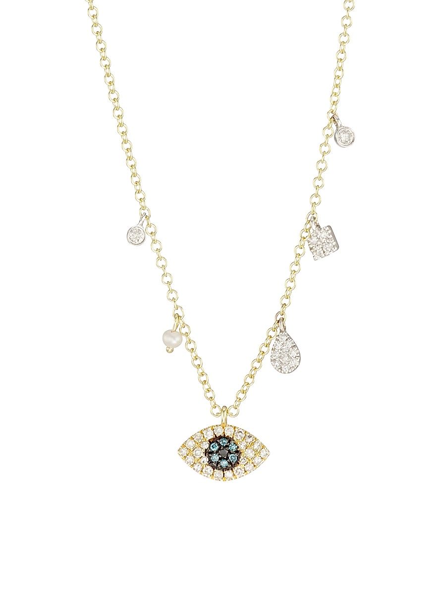 Women's 14K Yellow Gold, Diamond & Pearl Evil Eye Pendant Necklace - Yellow Gold