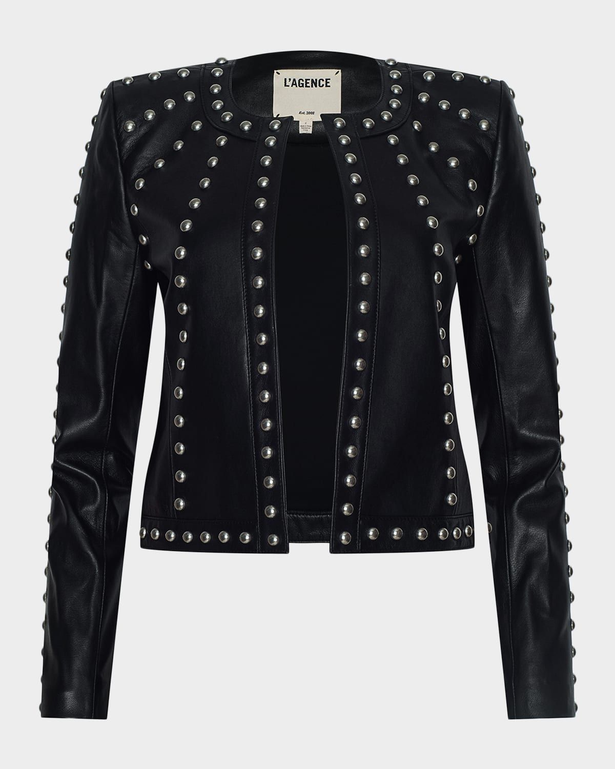 Fia Studded Collarless Leather Jacket