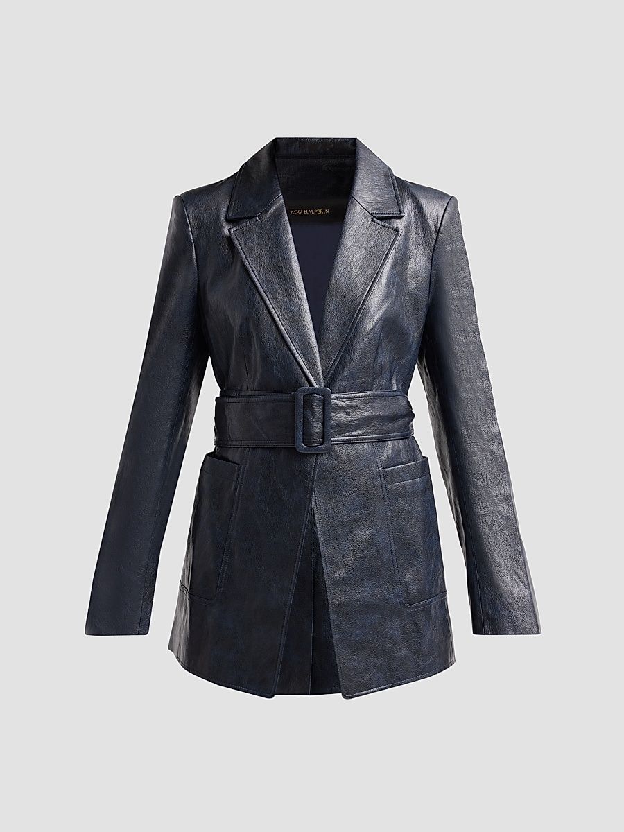 Women's Colleen Faux-Leather Belted Blazer - Navy - Size XL