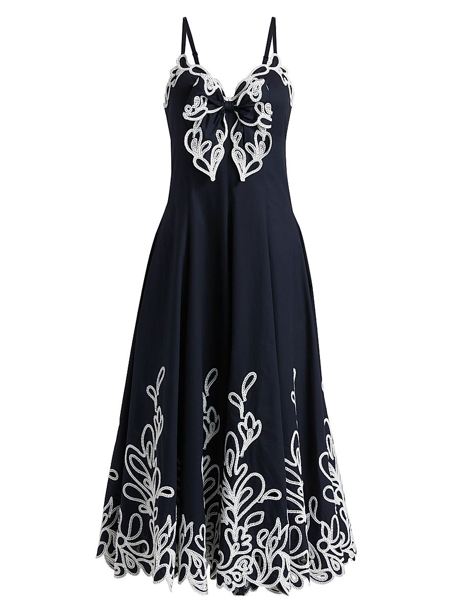Women's Dama Embroidered Cotton Poplin Midi-Dress - Navy White - Size 14