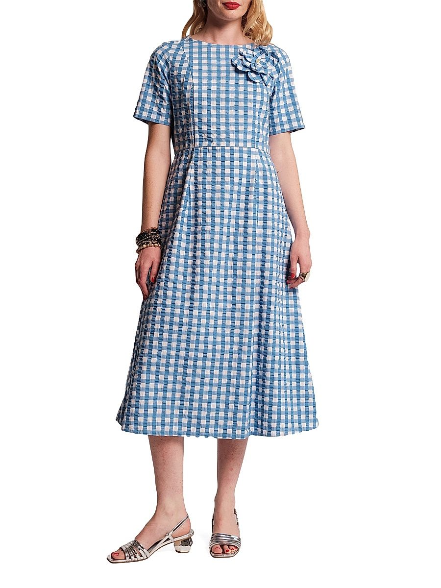 Women's Michelle Floral Appliqué Gingham Midi-Dress - Blue White - Size XL