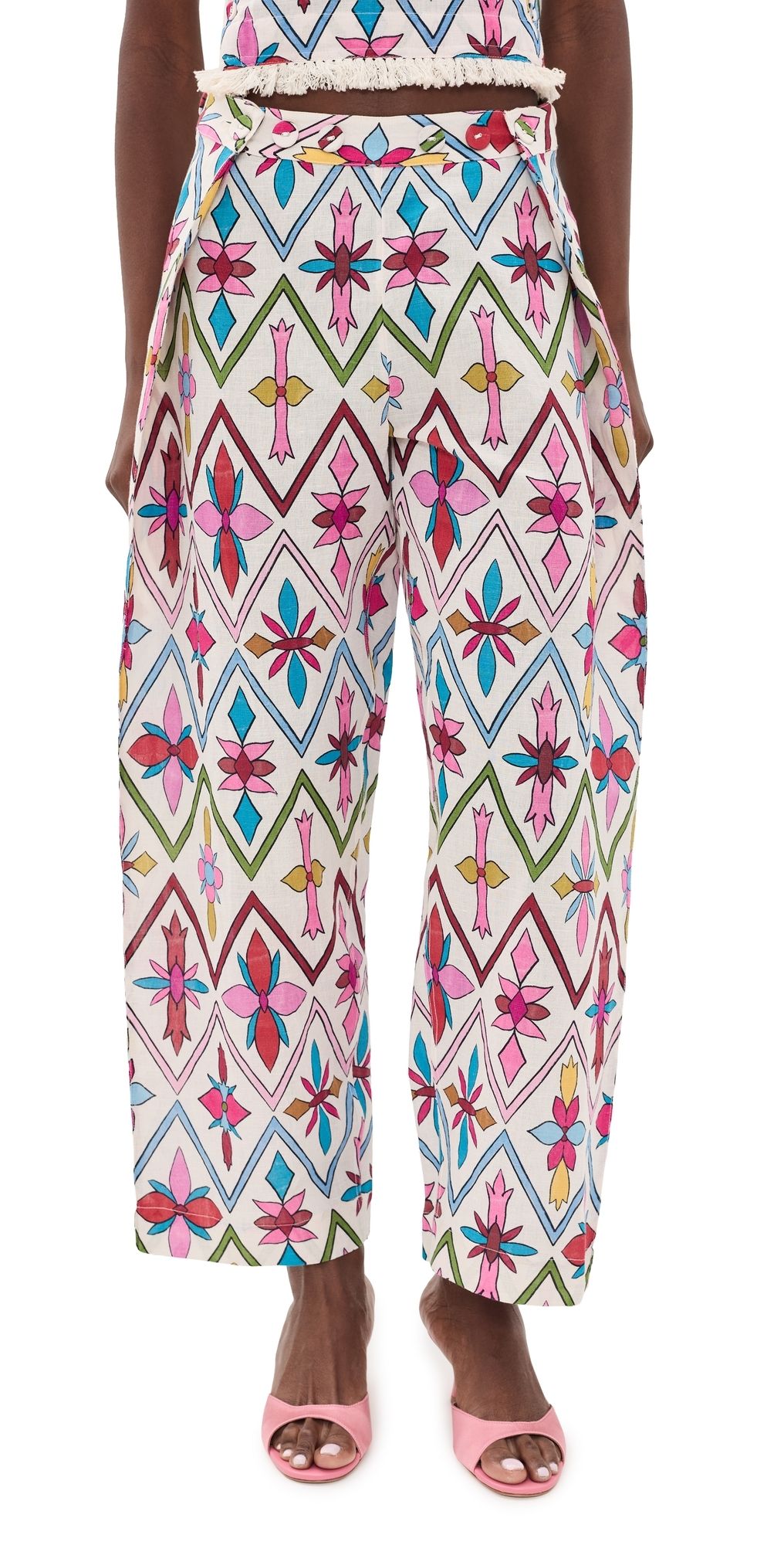 Coniglio Palm Beach Adjustable Marina Button Pants Lattice Floral Lotus Flower One Size
