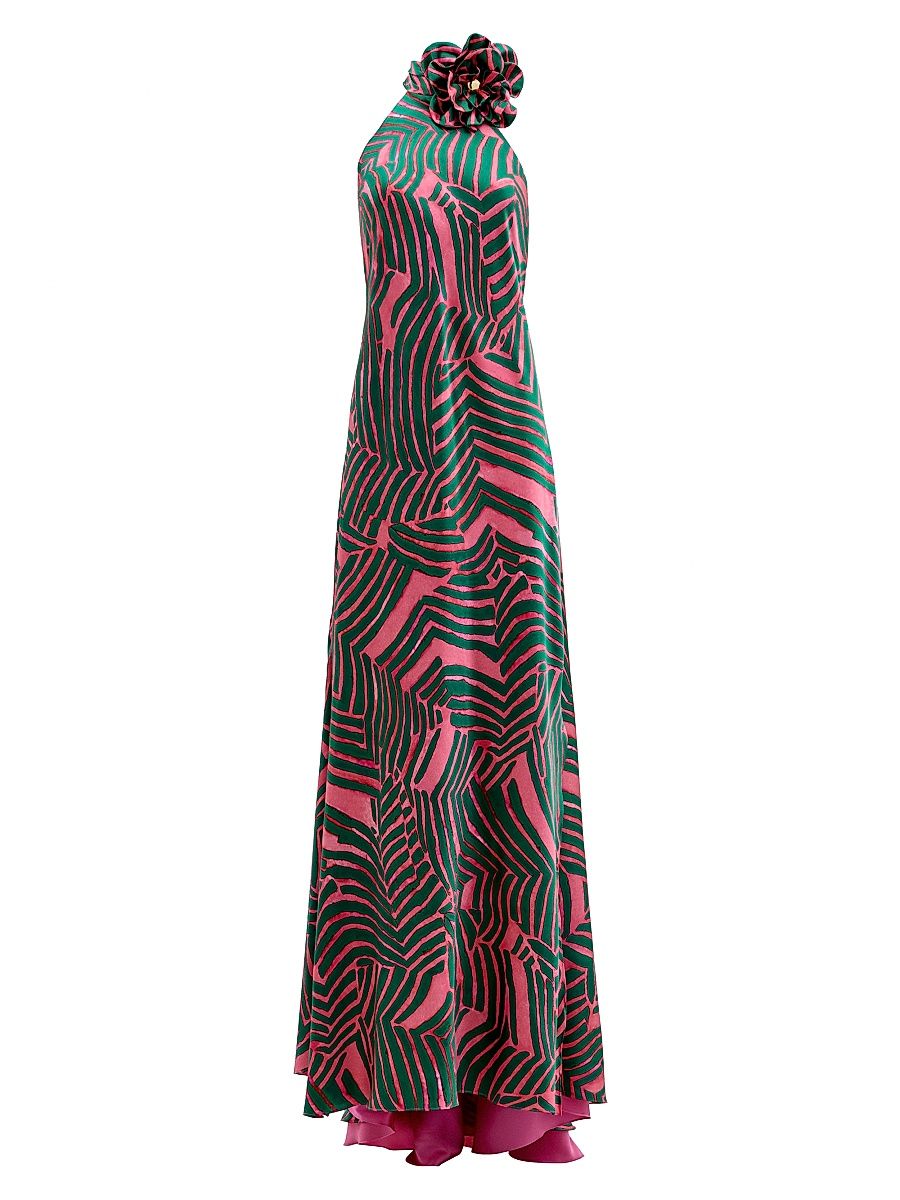 Women's Tila Printed Silk-Blend Halter Gown - Pink Green Abstract - Size Large