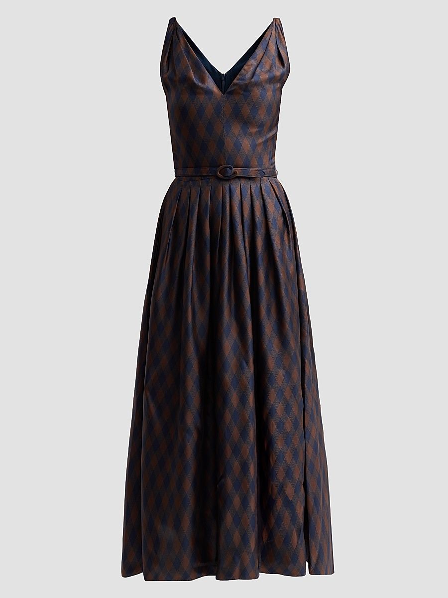 Women's Argyle Silk Twill Day Dress - Navy Brown - Size 6