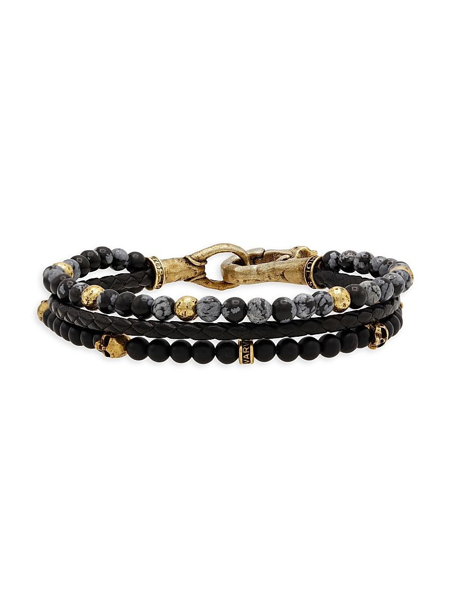 Men's Skull Triple-Strand Onyx & Obsidian Beaded Bracelet - Gold