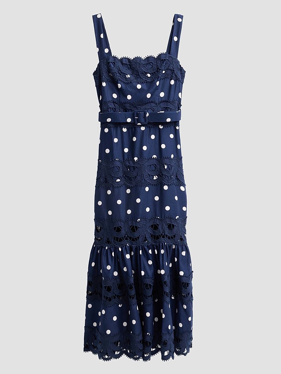 Women's Polka Dot Linen & Lace Midi Dress - Navy - Size 12