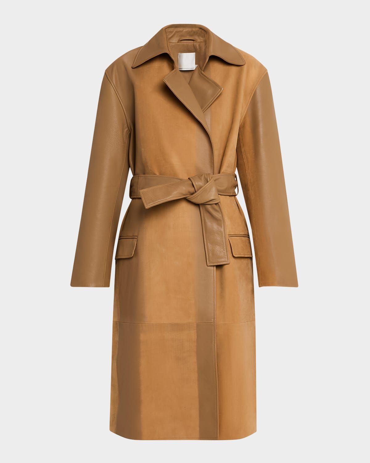 Scuffed Leather Long Wrap Coat