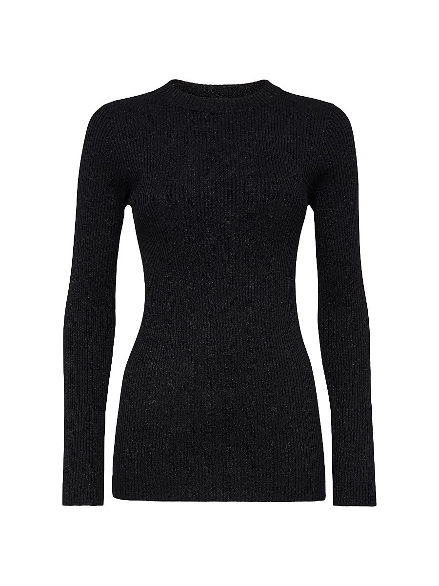 Women's Sparkling Cashmere and Silk Rib Knit Lightweight Sweater - Black - Size XXS