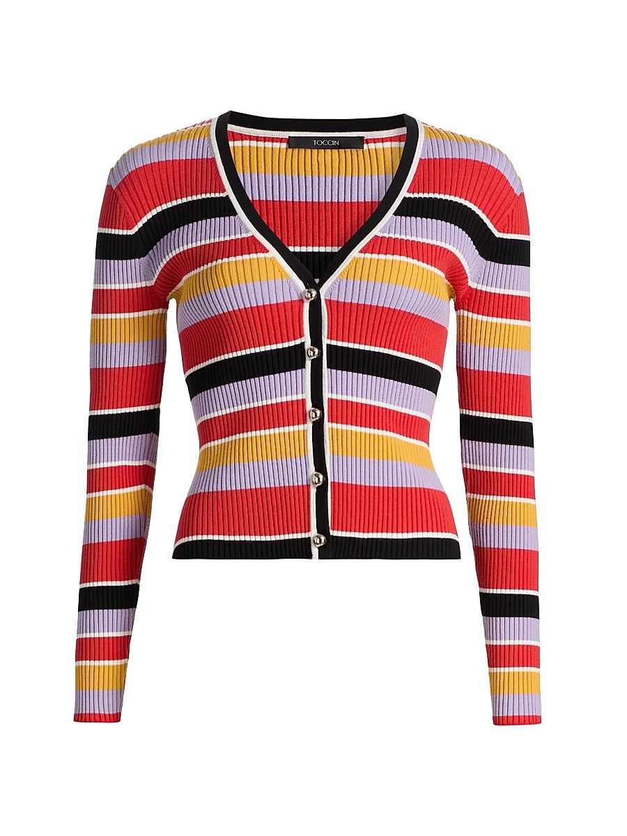 Women's Greta Striped Rib-Knit Cardigan - Tuscan Stripe - Size Large