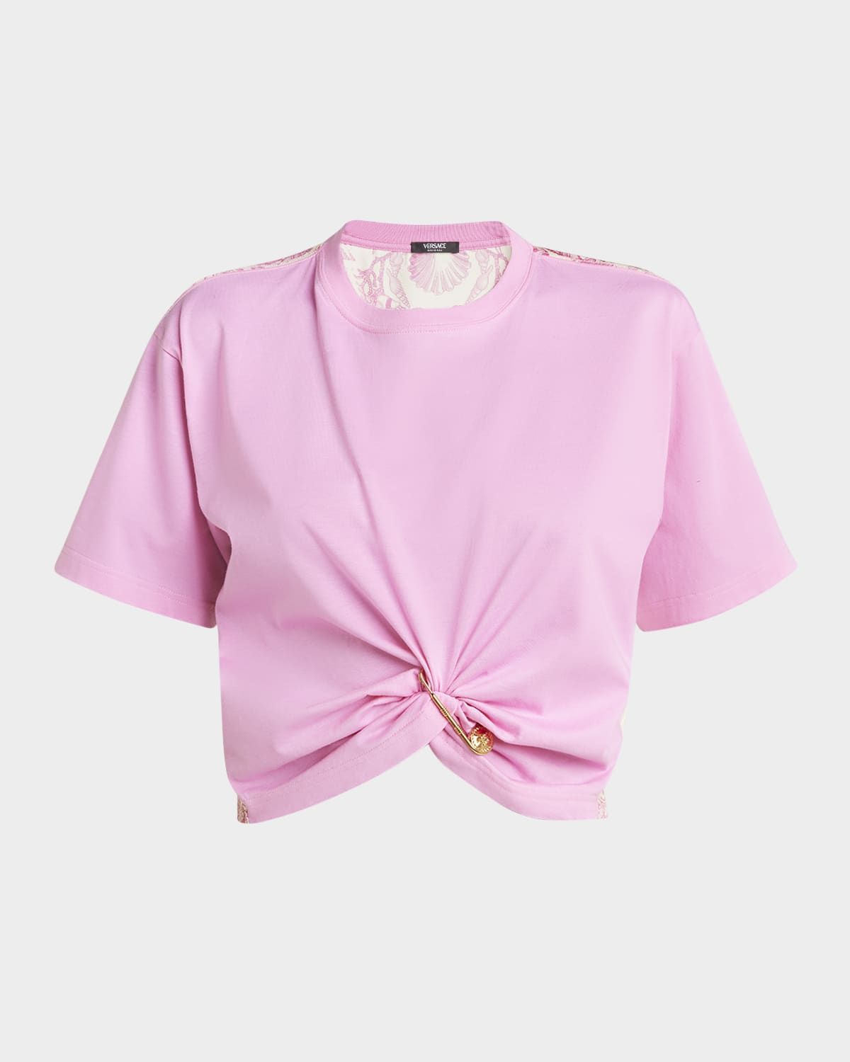 Safety-Pin Twisted Crop T-Shirt With Underwater Barocco Silk Twill Back