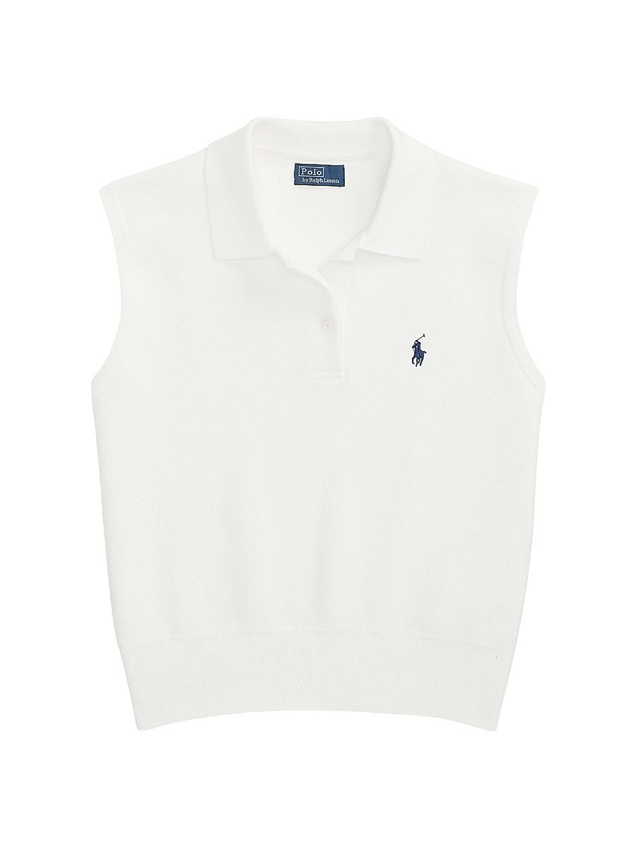 Women's Cotton-Blend Sleeveless Polo Sweater - White - Size XS