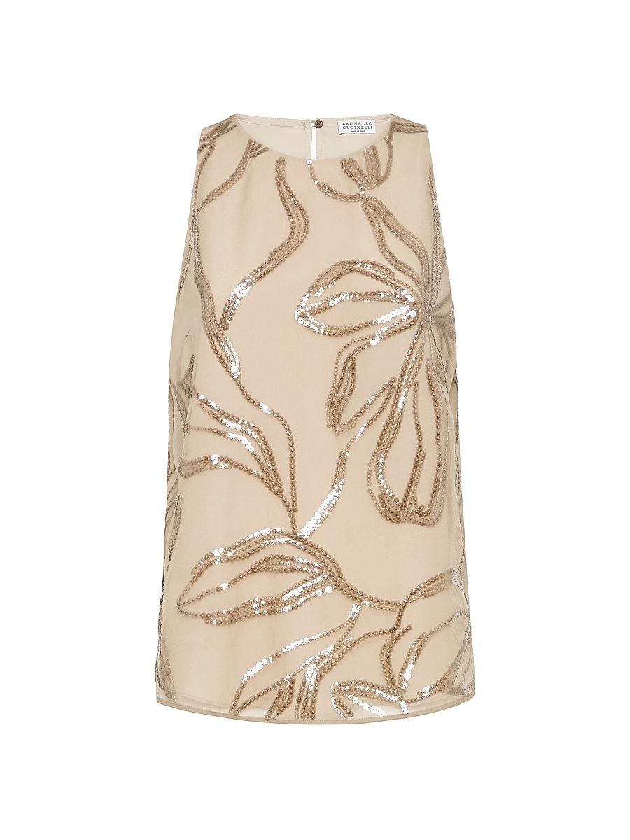 Women's Crispy Silk Top with Dazzling Floral Embroidery - Camel - Size XXXL