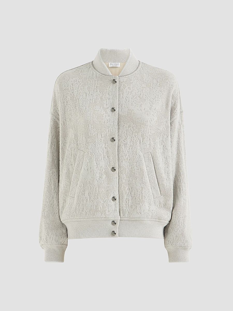Women's Lace Flowers Jersey Sweatshirt In Sparkling Virgin Wool And Cashmere With Monili - Light Grey - Size Large
