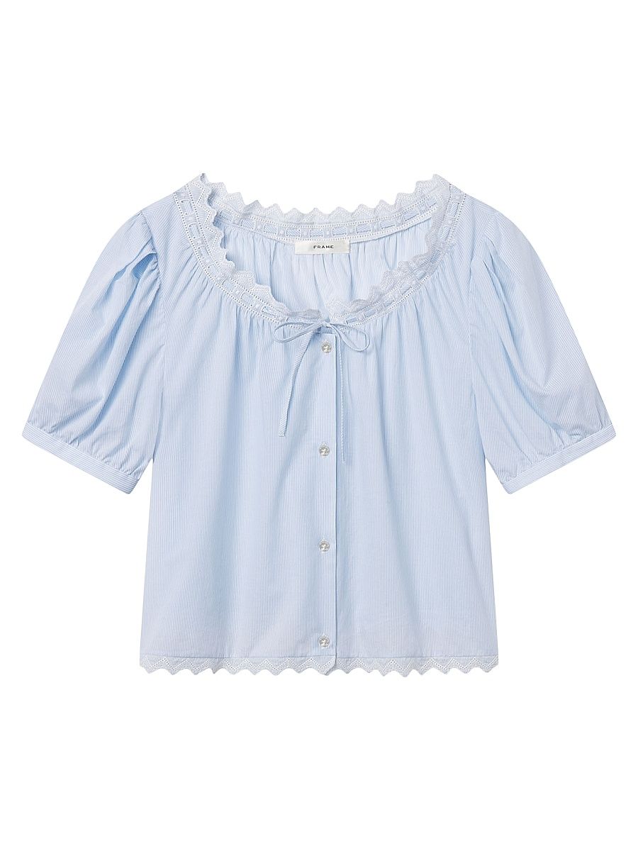 Women's The Serene Striped Cotton Top - Powder Blue Multi - Size XL