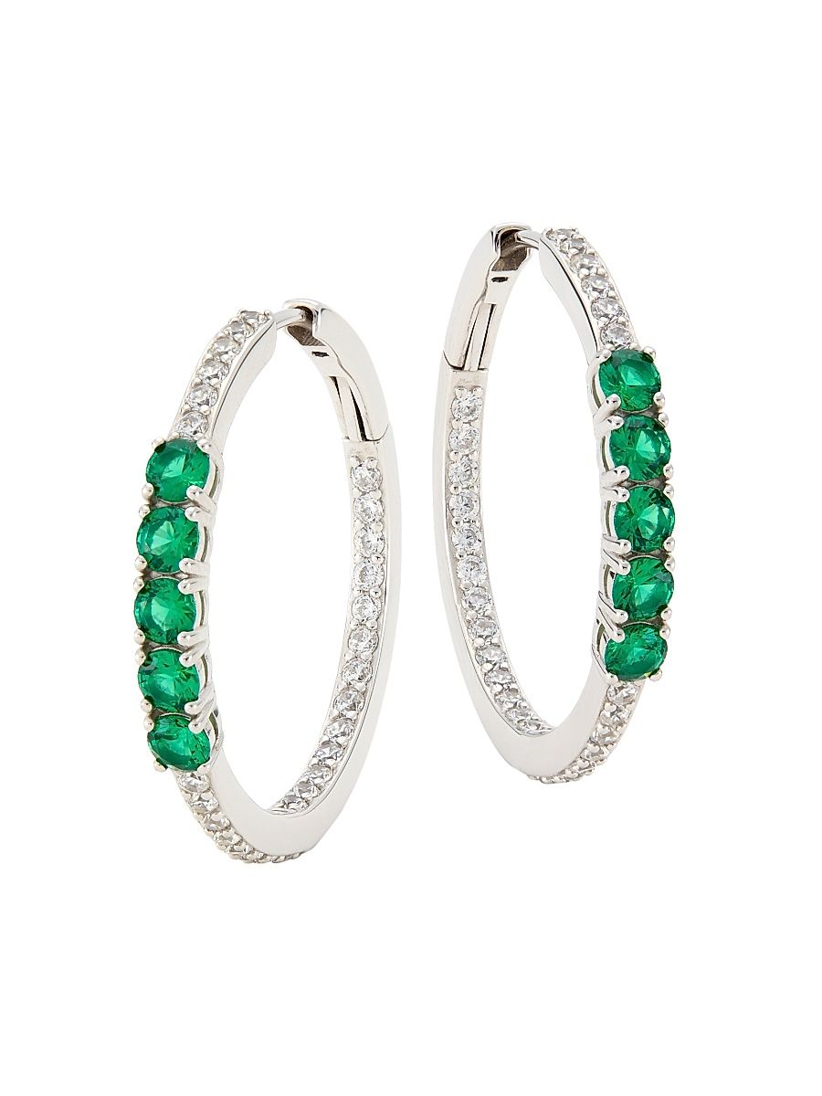 Women's Loveall Sterling Silver, Cubic Zirconia, & Faux Emerald Medium Hoop Earrings - Sterling Silver Emerald