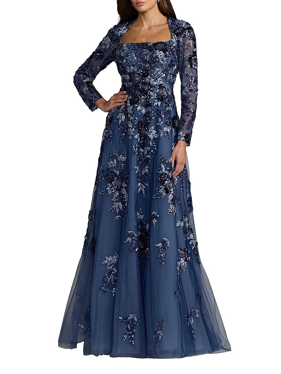 Women's Embroidered Beaded Mesh Gown - Moody Blue - Size 20