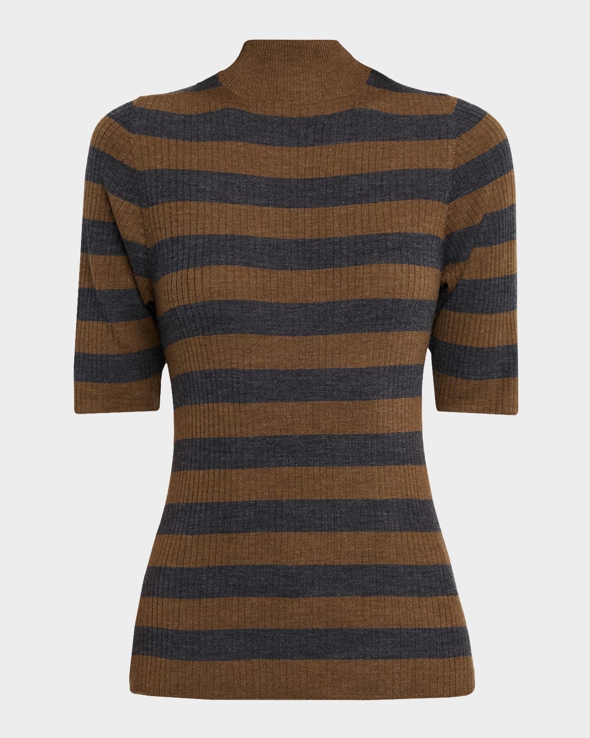 Striped Rib Knit Merino Wool Mock-Neck