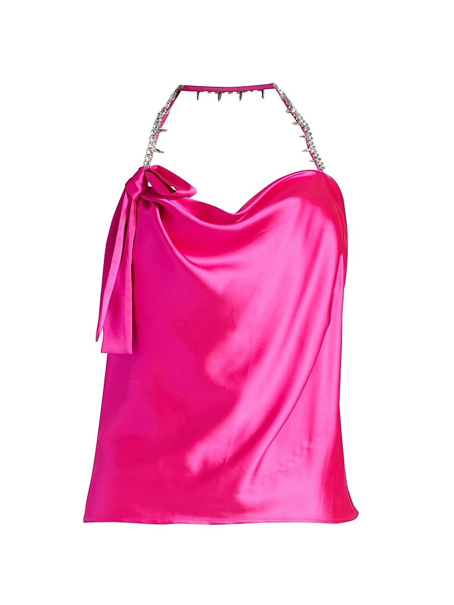 Women's Satin Crystal-Embellished Halter Top - Fuchsia - Size Large