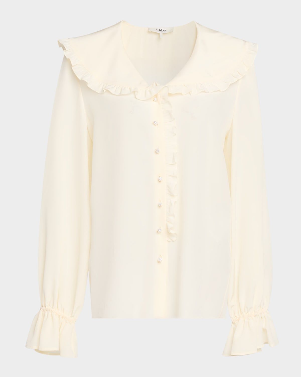 Bertha-Collar Ruffle Button-Down Silk Blouse