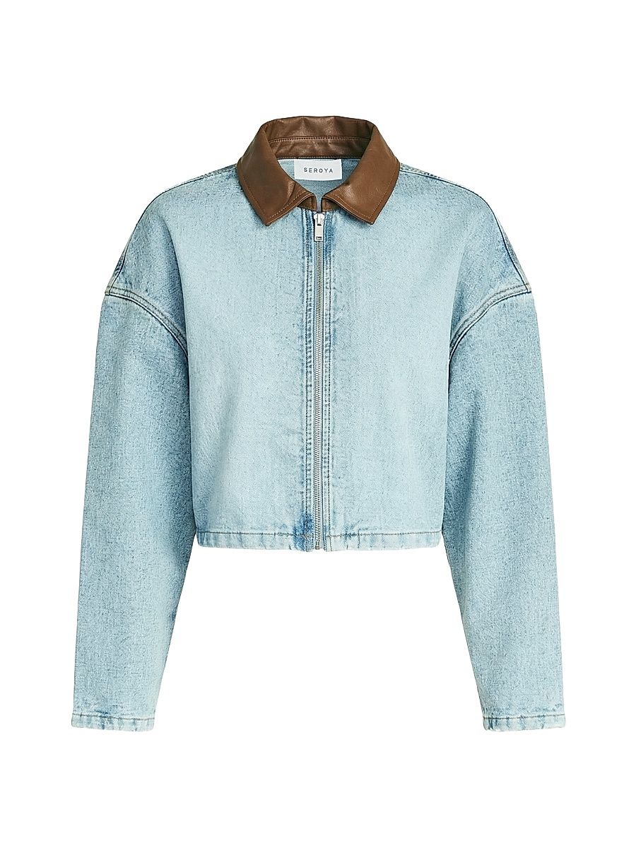 Women's Coop Leather-Trimmed Denim Jacket - Coastline - Size XL