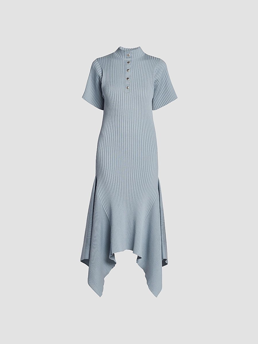 Women's Rib-Knit Cotton Polo Midi Dress - Blue Grey - Size Large