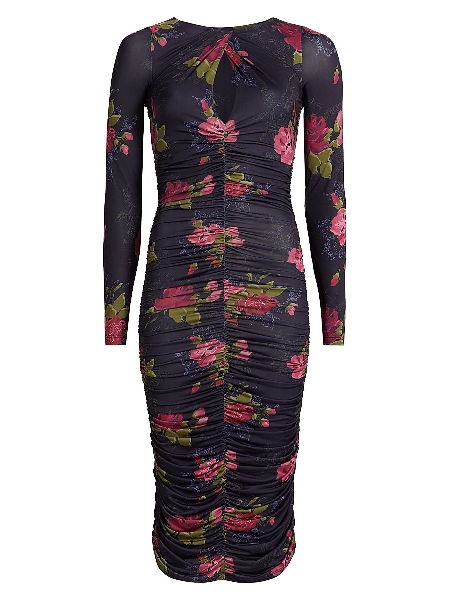 Women's Floral Twist Neck Ruched Midi-Dress - Navy Multi - Size XL